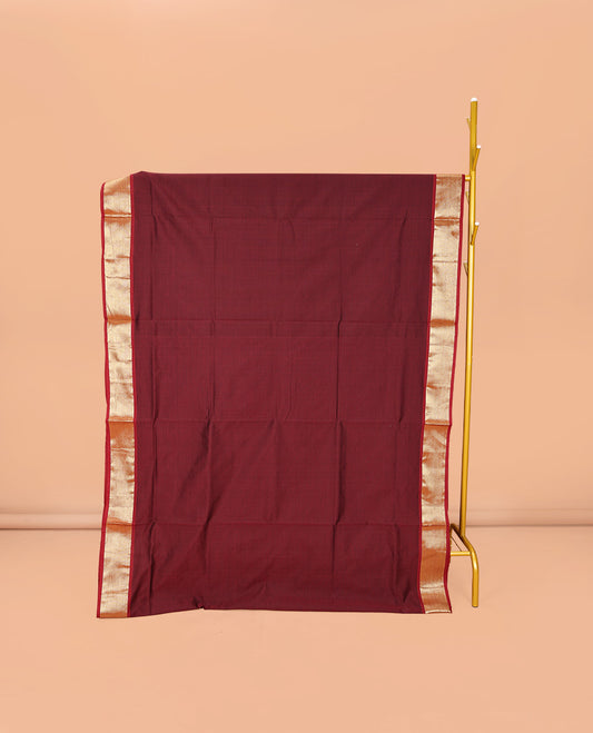 Maroon Plain Poly Cotton Saree, Complemented by a Contrast Zari Border, Contrast Striped Pallu, and Paired with a Contrast Blouse