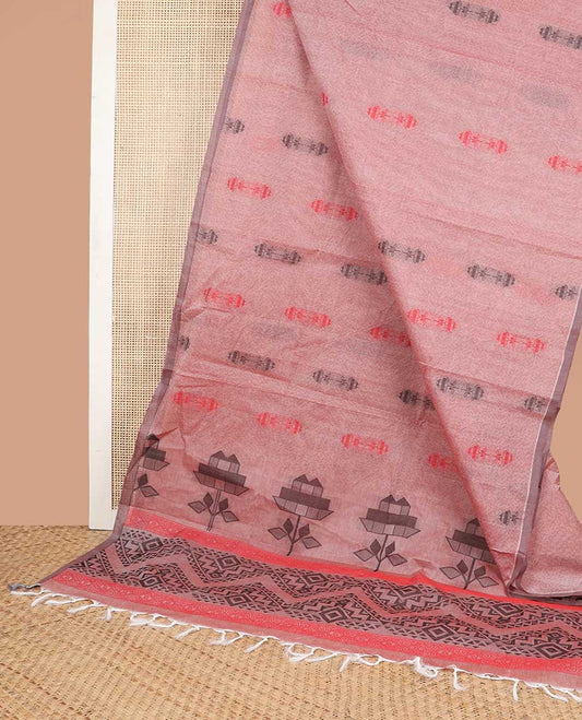 Pastel red geomteric design coimbatore cotton saree with contrast border & geometric design pallu