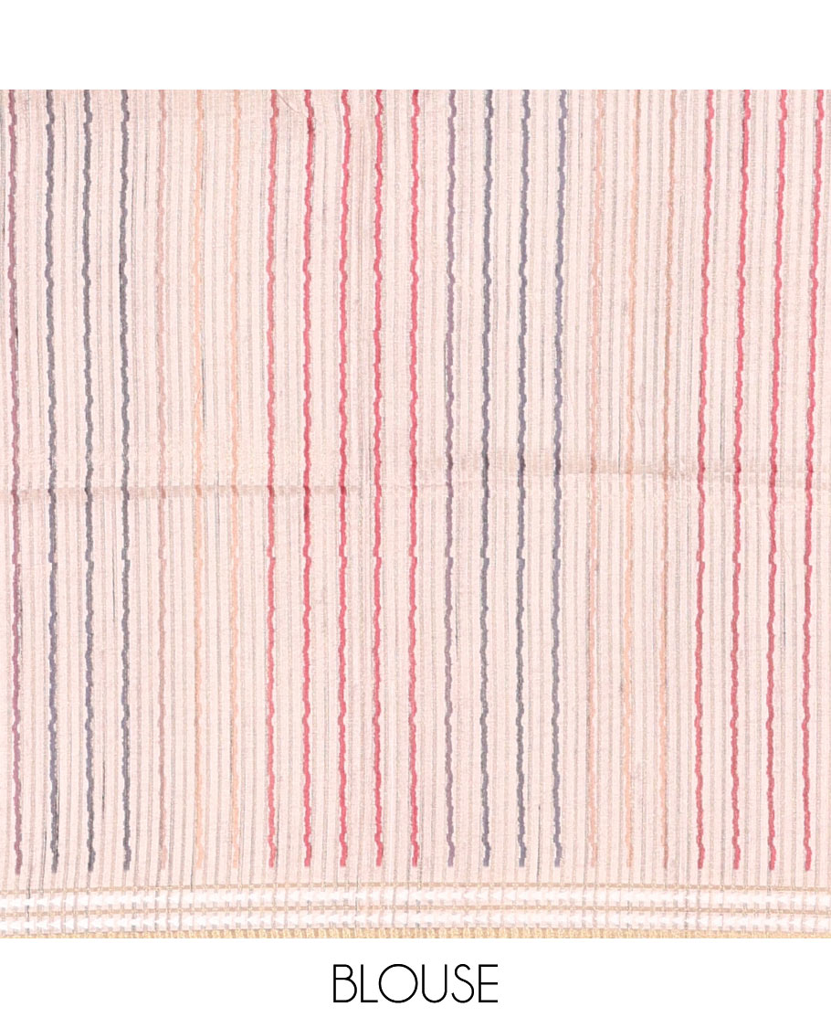 Pink Semi-Tussar Saree Colorfully Printed with Zig-Zag Stripes, Subtly Woven with a Resham Thread Temple Border, Featuring a Heathered Pallu, Paired with a Contrast Striped Blouse