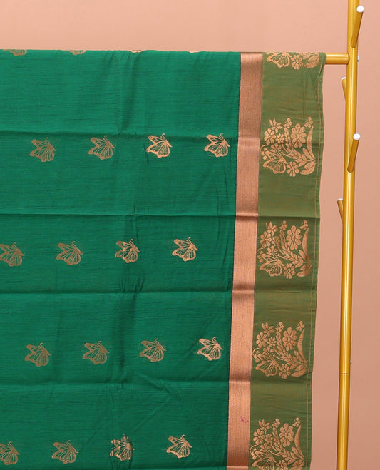 Green Semi-Silk Cotton Saree, Prettified with Butterfly Zari Buttas All Over Its Body, Complemented by a Contrast Border of Floral Designs, Intricately Designed Pallu, and Paired with a Matching Blouse