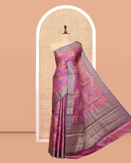 Purple Tussar Silk Saree, Prettified with Floral Buttas, a Contrast Zari Border, Floral Jaal Pallu, and a Matching Blouse