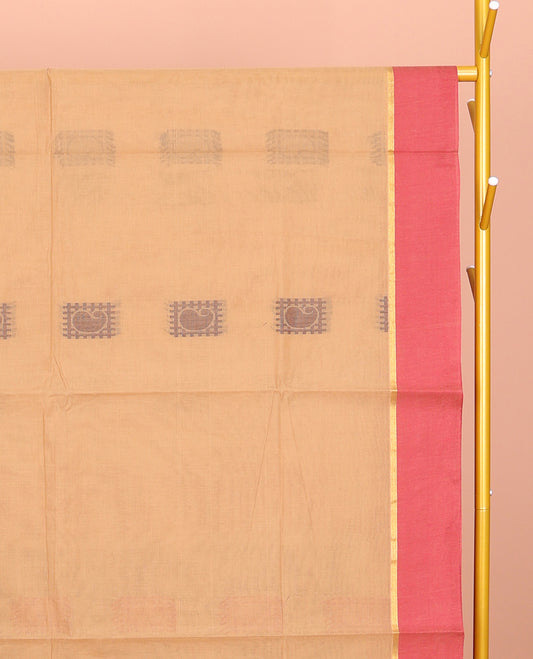 Sandal Coimbatore Cotton Saree, Accentuated with Paisley Buttas, a Contrast Plain Border, a Pallu of Jaal Design, and a Matching Blouse