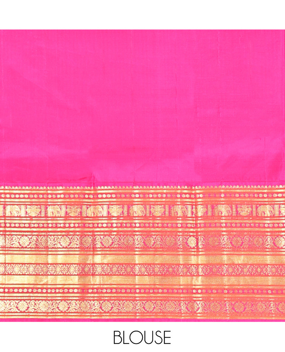Turquoise Vasundhara Silk Saree, Embellished with Zari Buttas All Over Its Body, Complemented by a Contrast Border of Thilakam Mokku, Yaanai, Iruthalai Pakshi, and Kodi Visiry Designs, Grand Pallu, and Paired with a Contrast Blouse