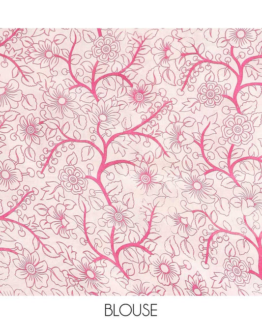 Pink Human figurines machine-printed kalamkari cotton saree, Pichwai cow border & animal motifs pallu