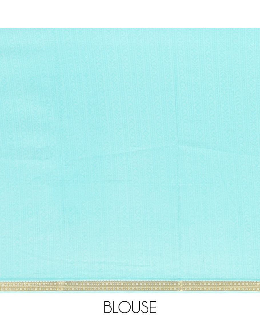 Blue Floral-Vine Printed Silk Saree, a Traditional Zari Border, Floral Pallu, Matching Blouse