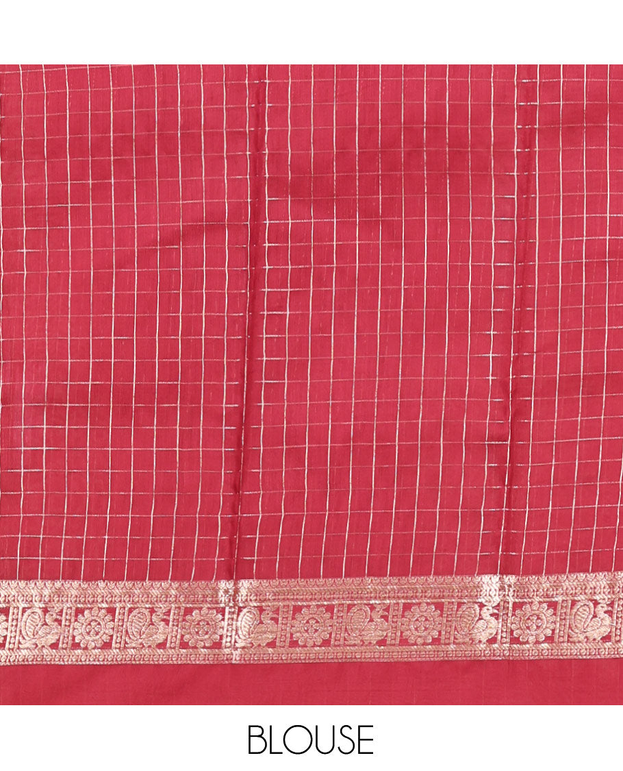 Yellow Zari Checked Assam Silk Saree, Complemented by a Contrast Traditional Zari-Woven Border, Zari-Striped Pallu, and a Contrast Blouse