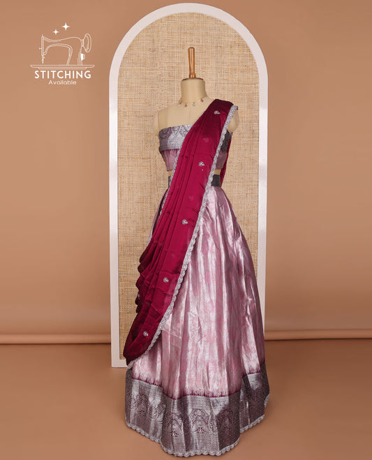 Lavender tissue half saree with contrast intricate zari design border, zari design blouse & floral embroidery dhavani
