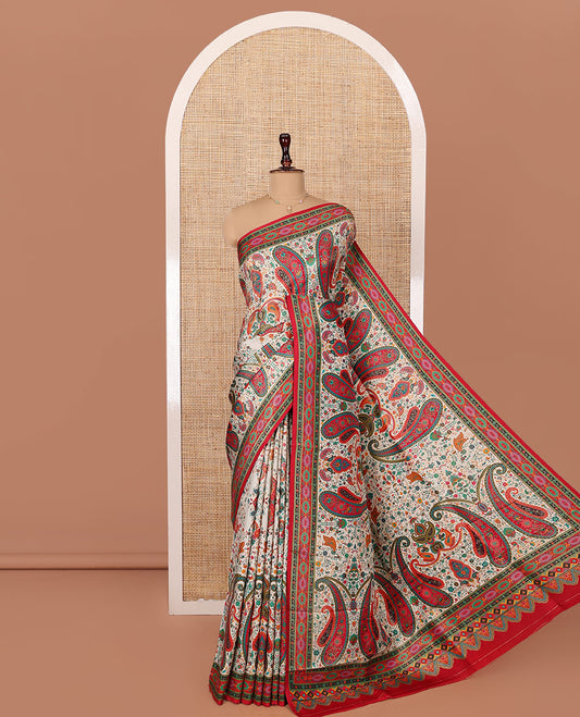 Multi-Color Dola Silk Saree, Elegantly Highlighted with Kaleidoscope-Colored Floral-Paisley Prints, Captivating Contrast Printed Border, Multi-Colored Printed Pallu, and Paired with a Contrast Blouse