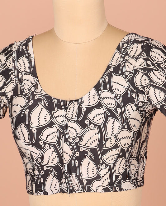 Black Readymade Blouse Embellished with Lotus Motifs Print, Featuring Front Round Neck, Back Round Neck, and Elbow Sleeves