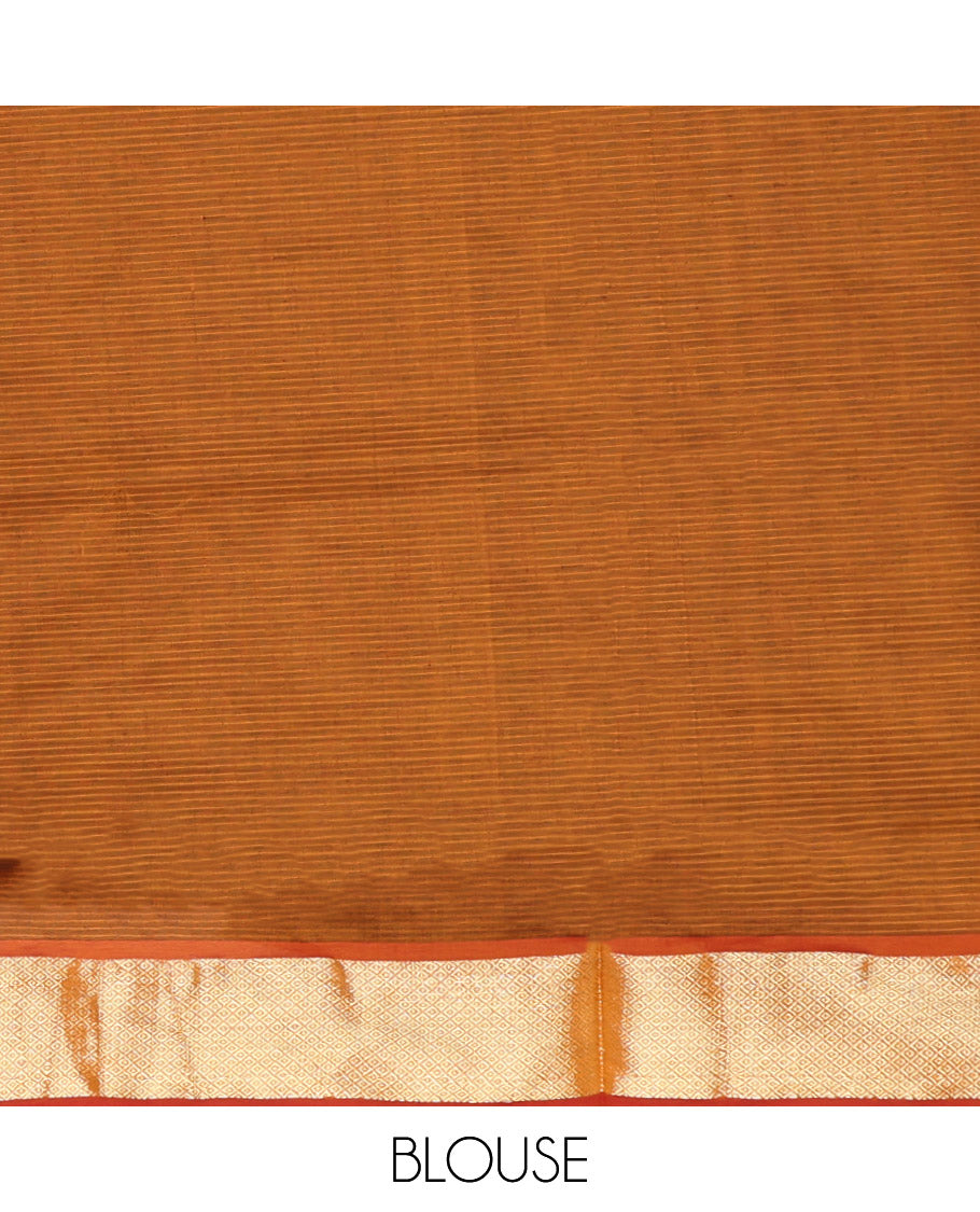 Maroon Plain Poly Cotton Saree, Complemented by a Contrast Zari Border, Contrast Striped Pallu, and Paired with a Contrast Blouse