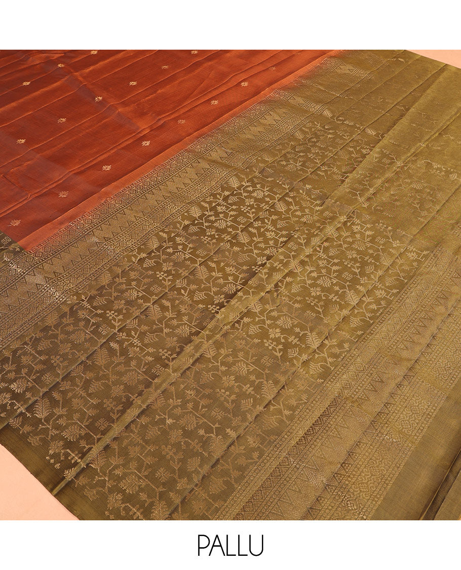 Rust Mayuri Lite Silk Mix Saree, Gleamed Up with Zari Buttas, Complemented by a Contrast Paithani-Style Woven Border, a Grand Pallu, and a Contrast Blouse