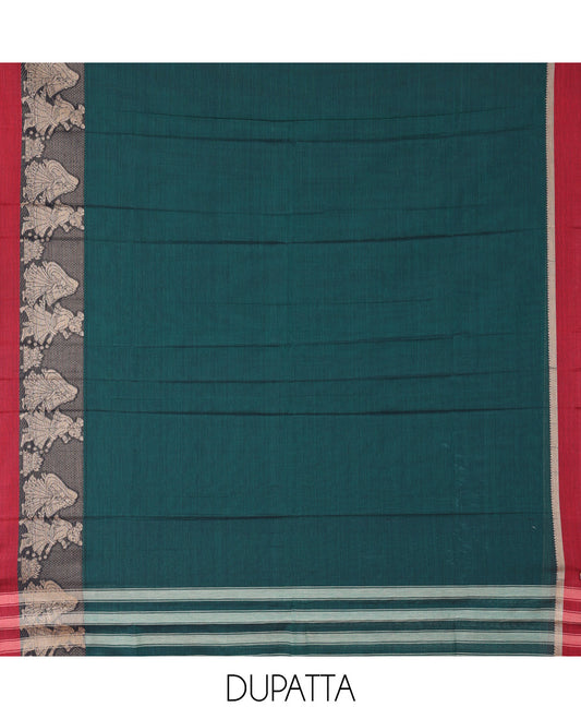 Bottle Green Mercerised Cotton Material Churidar Features Plain Top, Contrast Thread Wedding-Themed Motif Border, Matching Bottom and Dupatta
