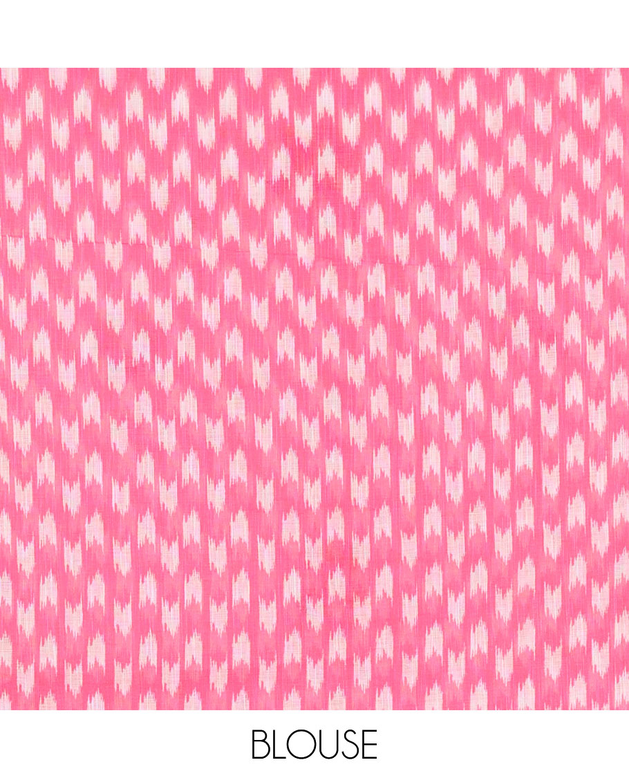 White kite motifs printed linen cotton saree, piping zari border, kite motifs printed pallu, and a contrast ikkat style printed blouse