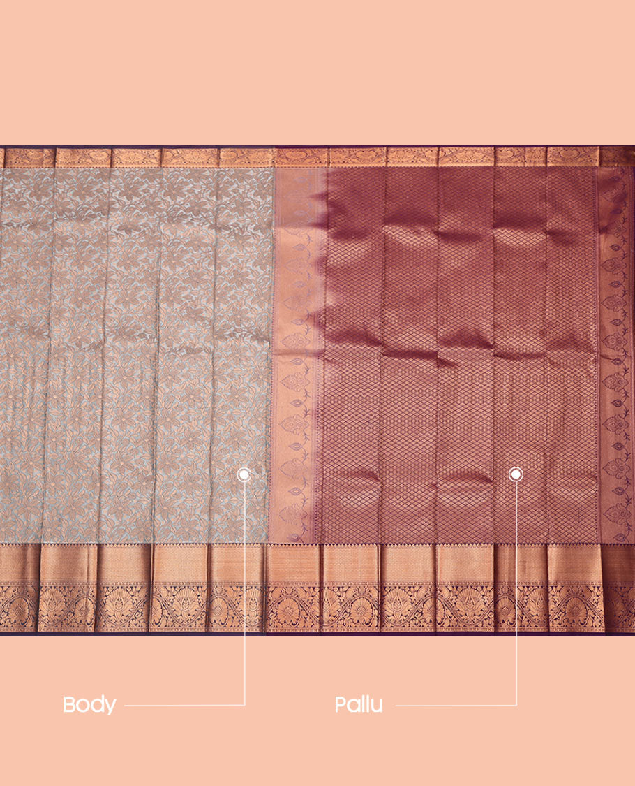 Grey Budget Silk Saree, Beautifully Bedecked with Jacquard Design, Complemented by a Contrast Traditional Zari Border, Jaal Pallu, and Contrast Blouse