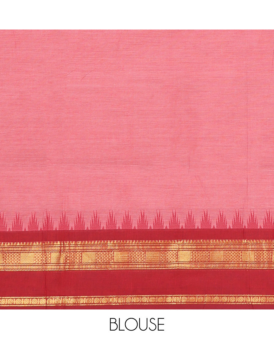 Pink Plain Chettinad Cotton Saree, Complemented by Contrast Traditional Zari Design Rettai Pettu Border, Striped Pallu, and Paired with Matching Blouse