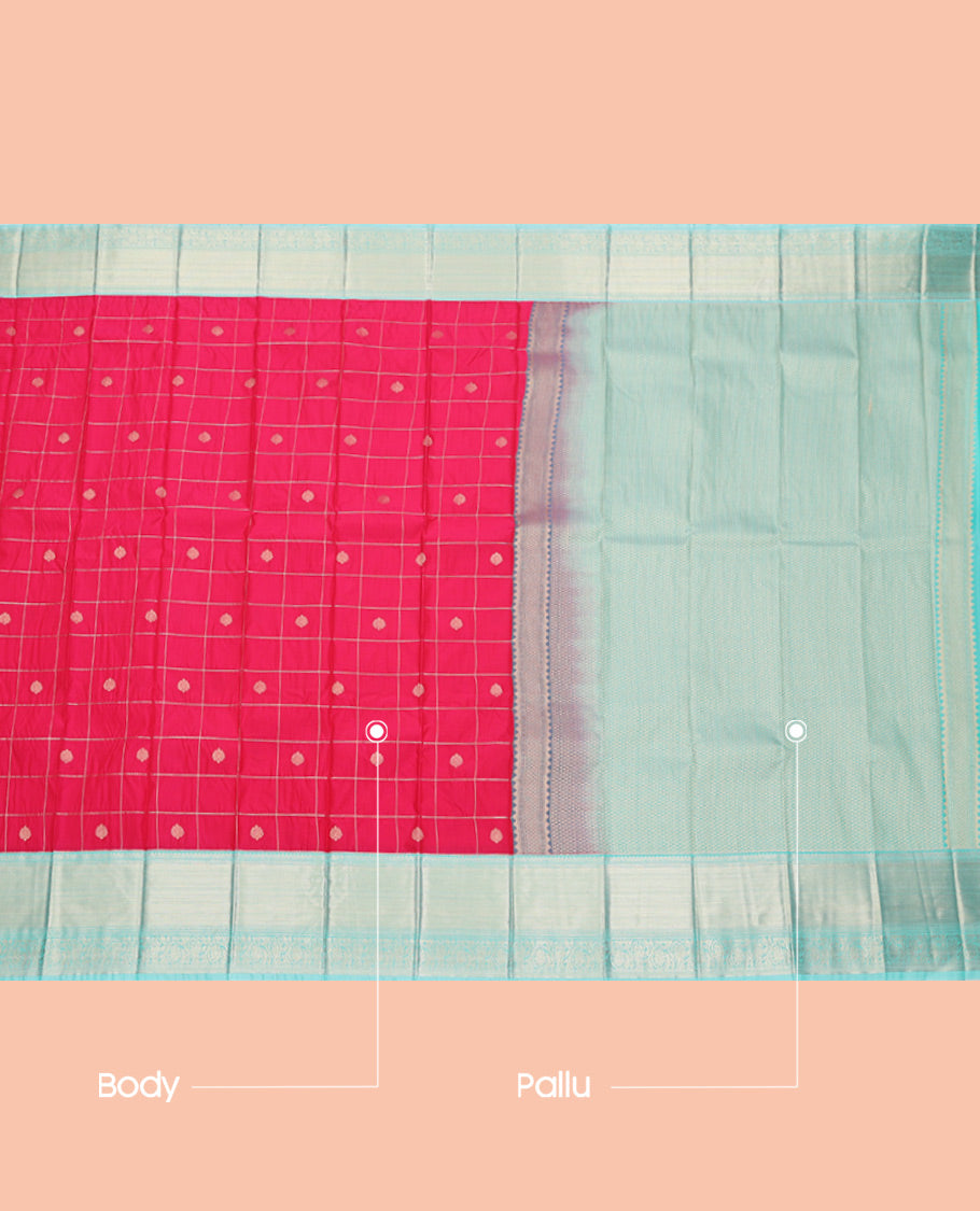 Pink Budget Silk Saree, Adorned with Zari Butta Enclosed Checks, Complemented by Contrast Traditional Zari Border, Grand Pallu, and Contrast Blouse