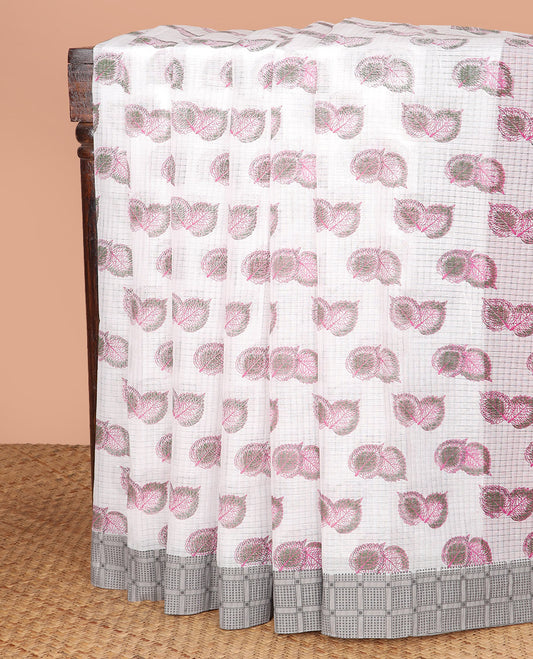 White Chirala Cotton Saree, Beautifully Printed with Checks and Leaf Motifs All Over Its Body, Complemented by a Contrast Checked Border, Pallu of Floral-Shell Motifs Print, and Paired with a Contrast Blouse