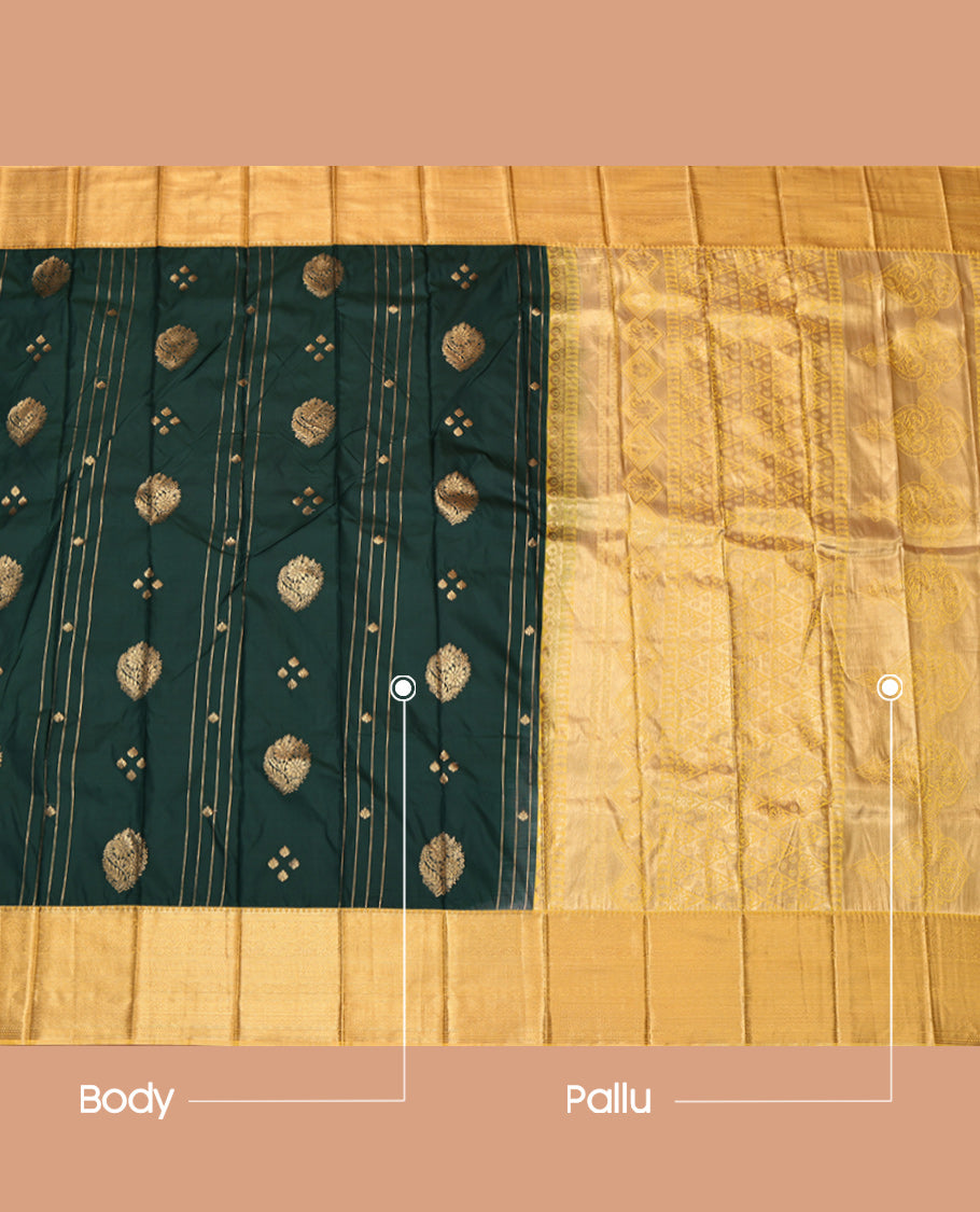 Green Budget Silk Saree, Spotlighted with Zari Buttas and Stripes, Complemented by Contrast Traditional Zari Border, Grand Pallu and a Contrast Blouse