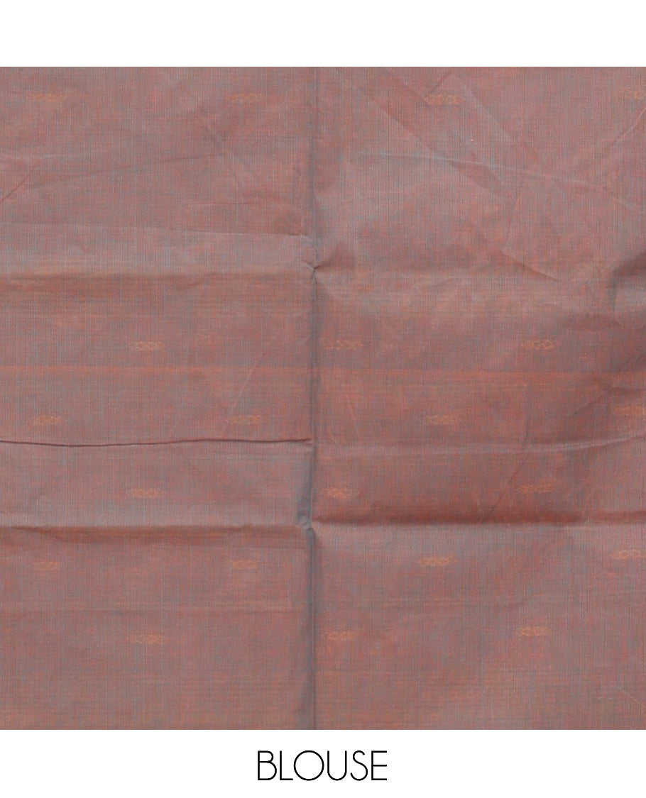 Grey Chettinad Cotton Saree, Embellished with Thread Buttas All Over Its Body, Complemented by a Contrast Kal Eragina Border of Kodi Peacock and Elephant Designs, Pallu of Buttas and Stripes, and Paired with a Matching Blouse