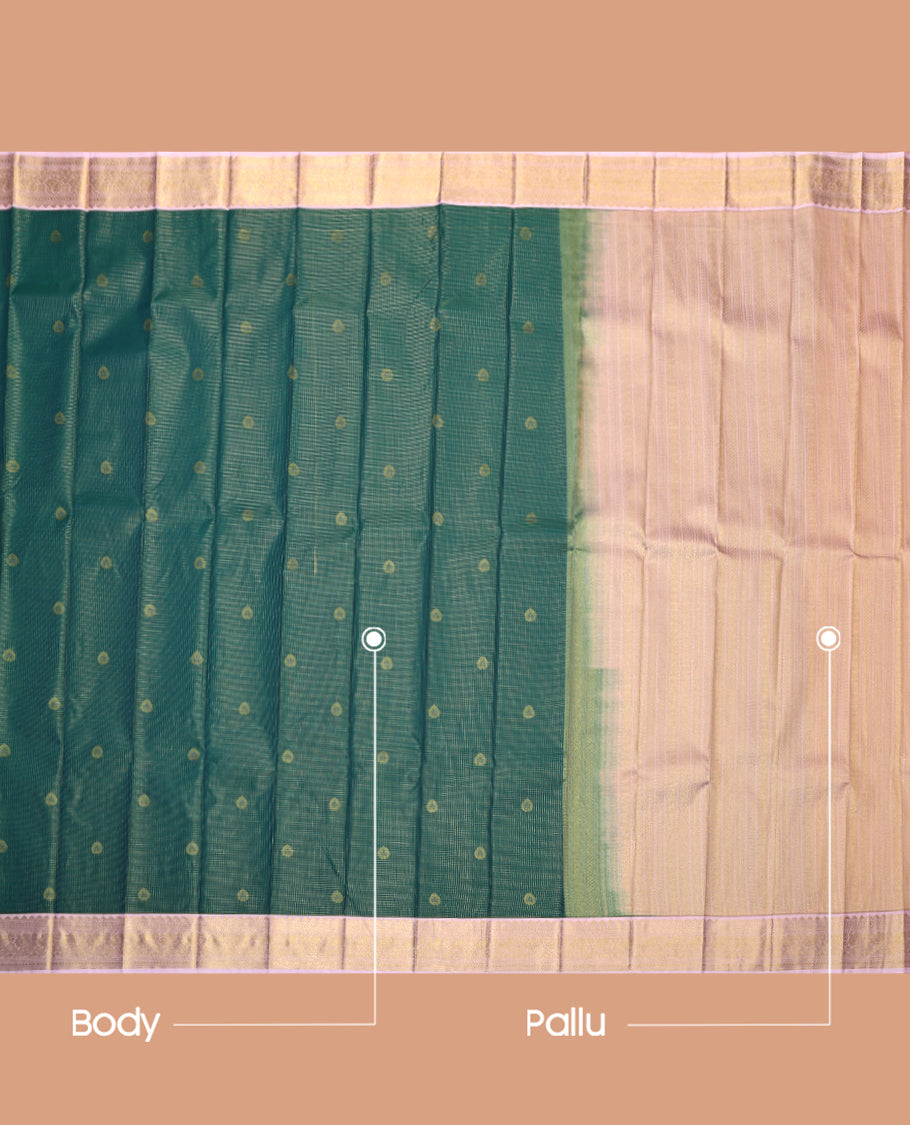 Green Budget Silk Saree, Enriched with Zari Buttas and Checks, Complemented by Contrast Traditional Zari Border, Geometric Pallu, and a Contrast Blouse