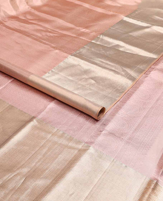 Baby pink striped kancheepuram tissue silk saree with contrast vanki design border & floral design pallu