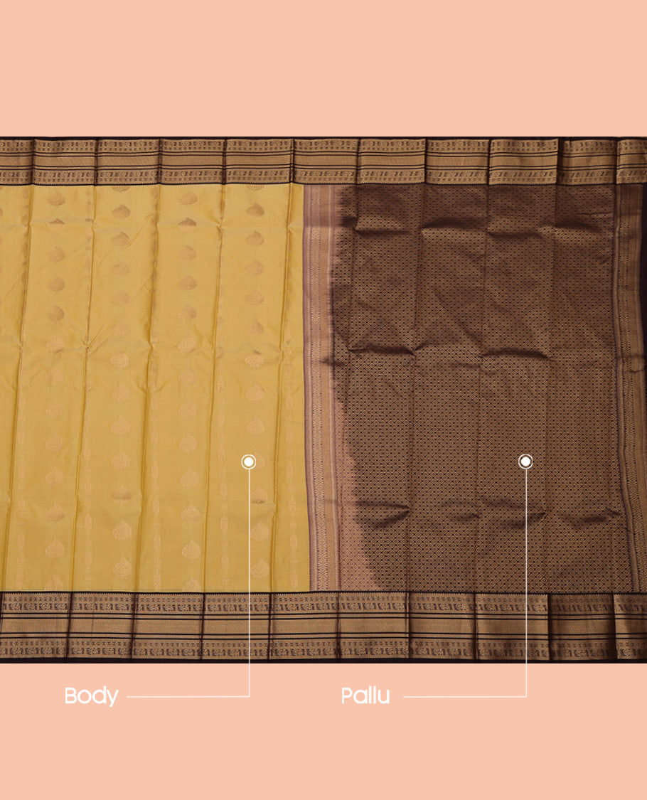 Sandal Budget Silk Saree, Sparsely Threaded with Zari Buttas All Over Its Body, Complemented by a Contrast Traditional Zari Design Border, Grand Jaal Pallu, and Paired with a Contrast Blouse