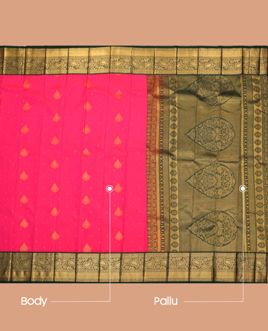 Rani Pink Budget Silk Saree, Gleamed Up with Zari Buttas All Over Its Body, Complemented by a Contrast Traditional Zari Design Border of Paisleys, Grand Pallu, and Paired with a Contrast Blouse