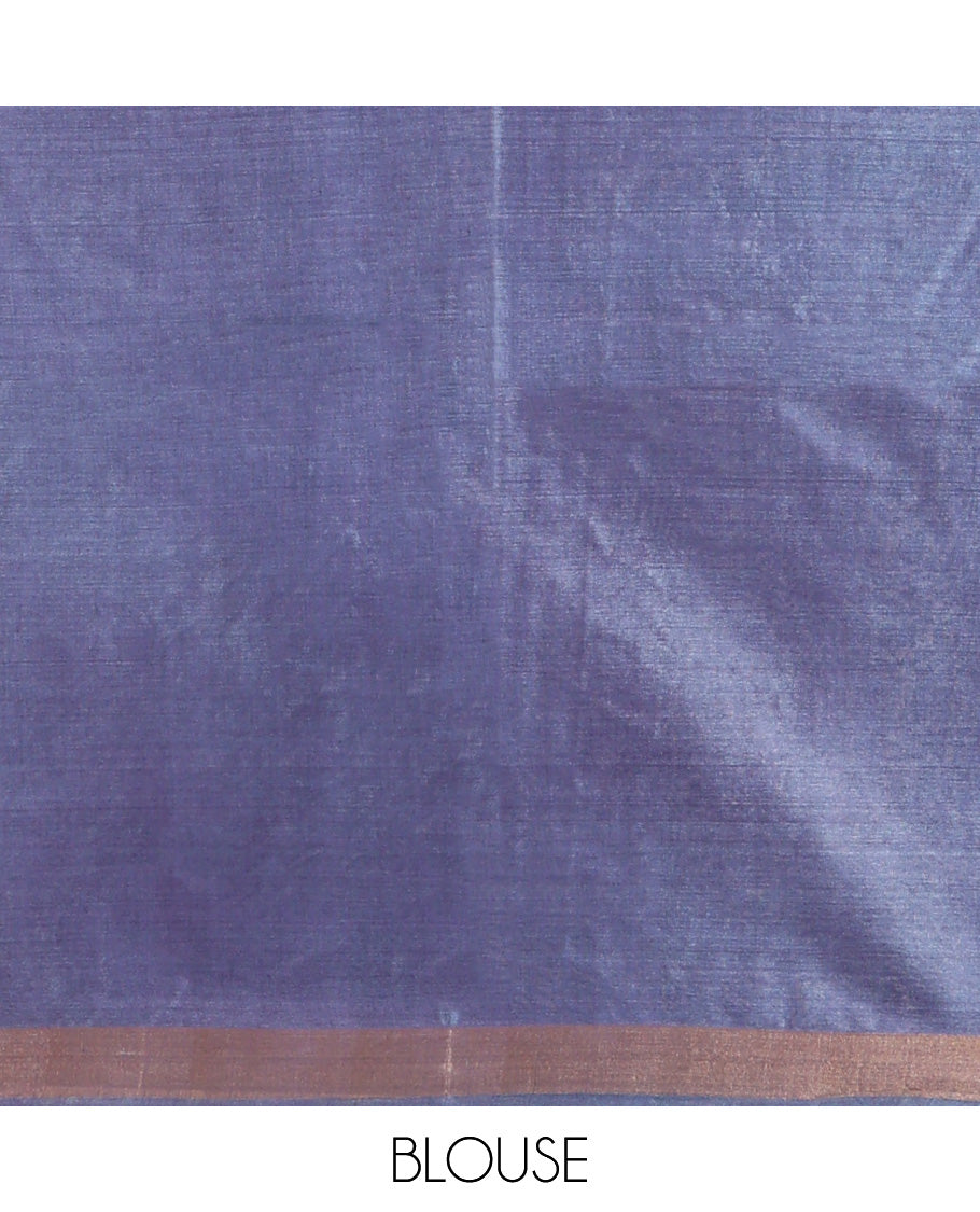 Grey Tussar Saree, Enriched with Warli Buttas, a Subtle Zari Border, Pallu of Warli Designs, and a Matching Blouse