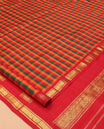 Multi-Color Palum Pazhamum Checked Kanchipuram Silk Saree, Complemented by a Contrast Korvai Border of Banaras, and Jaal Design, Zari Design Pallu, and No Blouse