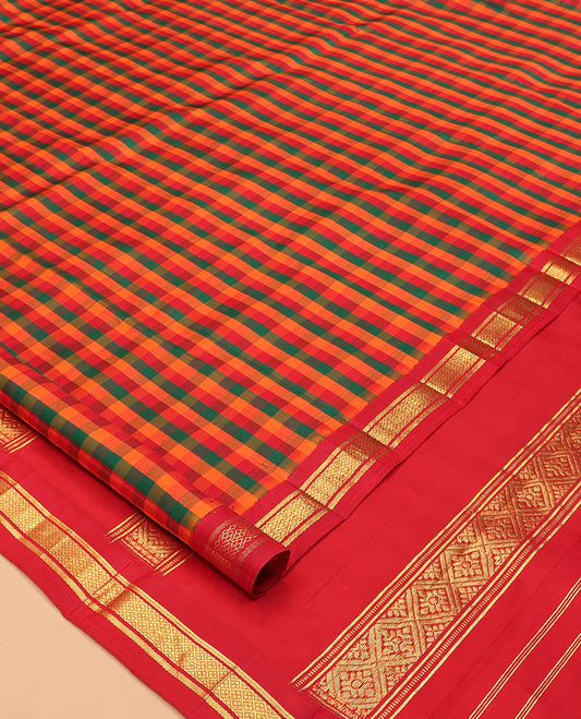 Multi-Color Palum Pazhamum Checked Kanchipuram Silk Saree, Complemented by a Contrast Korvai Border of Banaras, and Jaal Design, Zari Design Pallu, and No Blouse