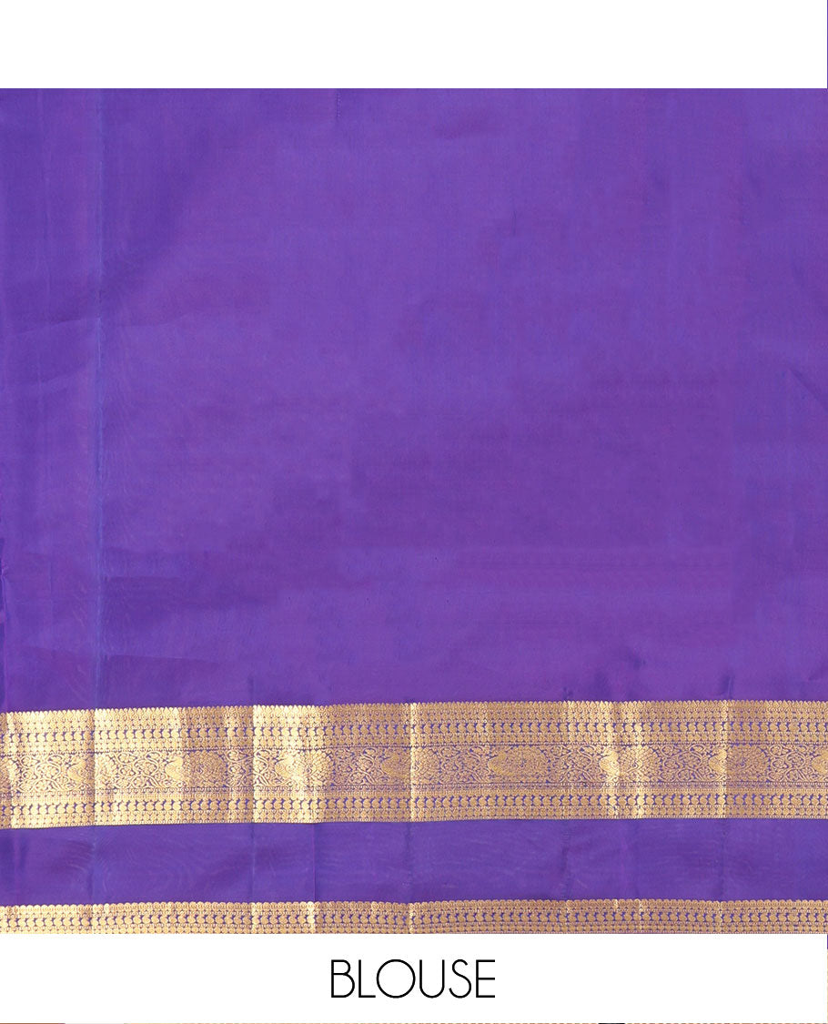 Blue Vasundhara Lite Silk Mix Saree, Detailed with Zari Buttas on Its Body, Complemented by a Contrast Border of Thilakam, Rudraksham, Manga, and Mayil Designs, Grand Pallu, and Paired with a Contrast Blouse