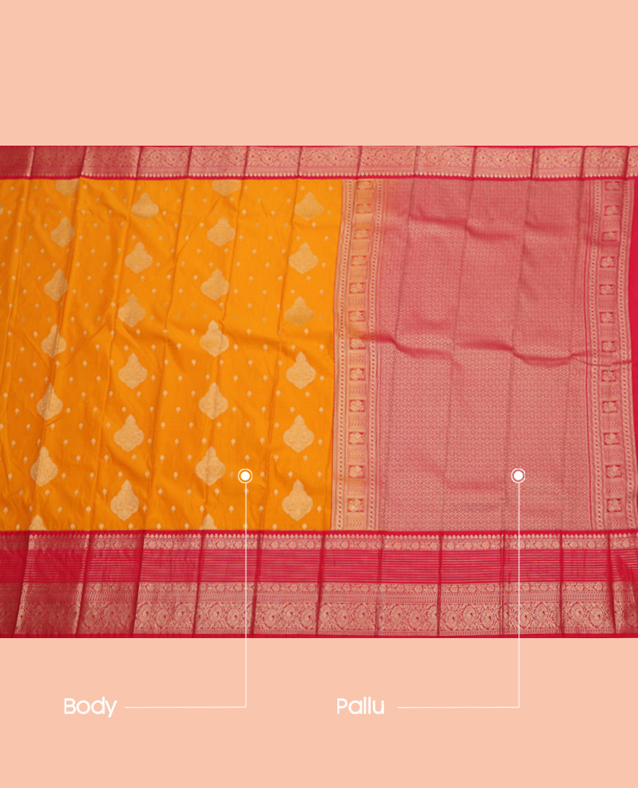 Orange Budget Silk Saree, Prettified with Zari Buttas, Complemented by a Contrast Traditional Zari Rettai Pettu Border, Jaal Pallu, and Contrast Blouse