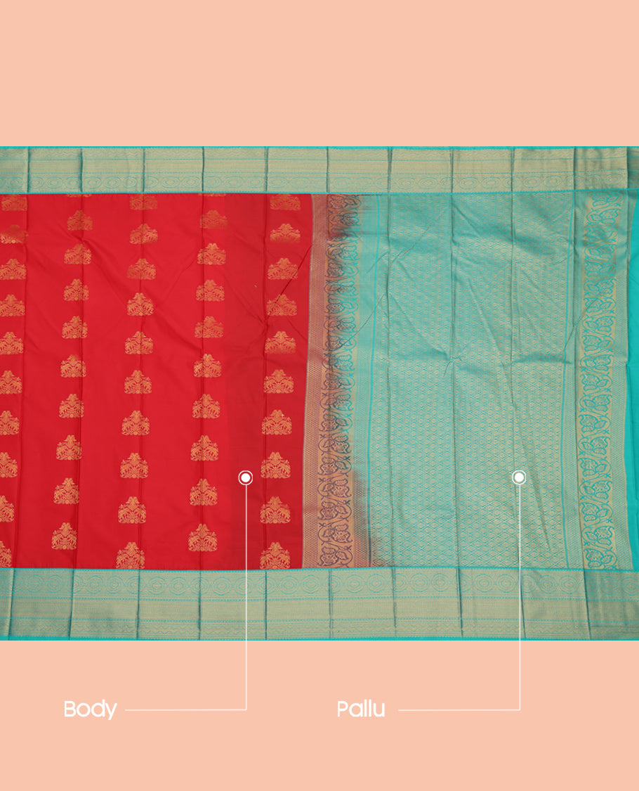 Red Budget Silk Saree, Spotlighted with Zari Buttas, a Contrast Traditional Zari Border, Grand Pallu, and a Contrast Blouse