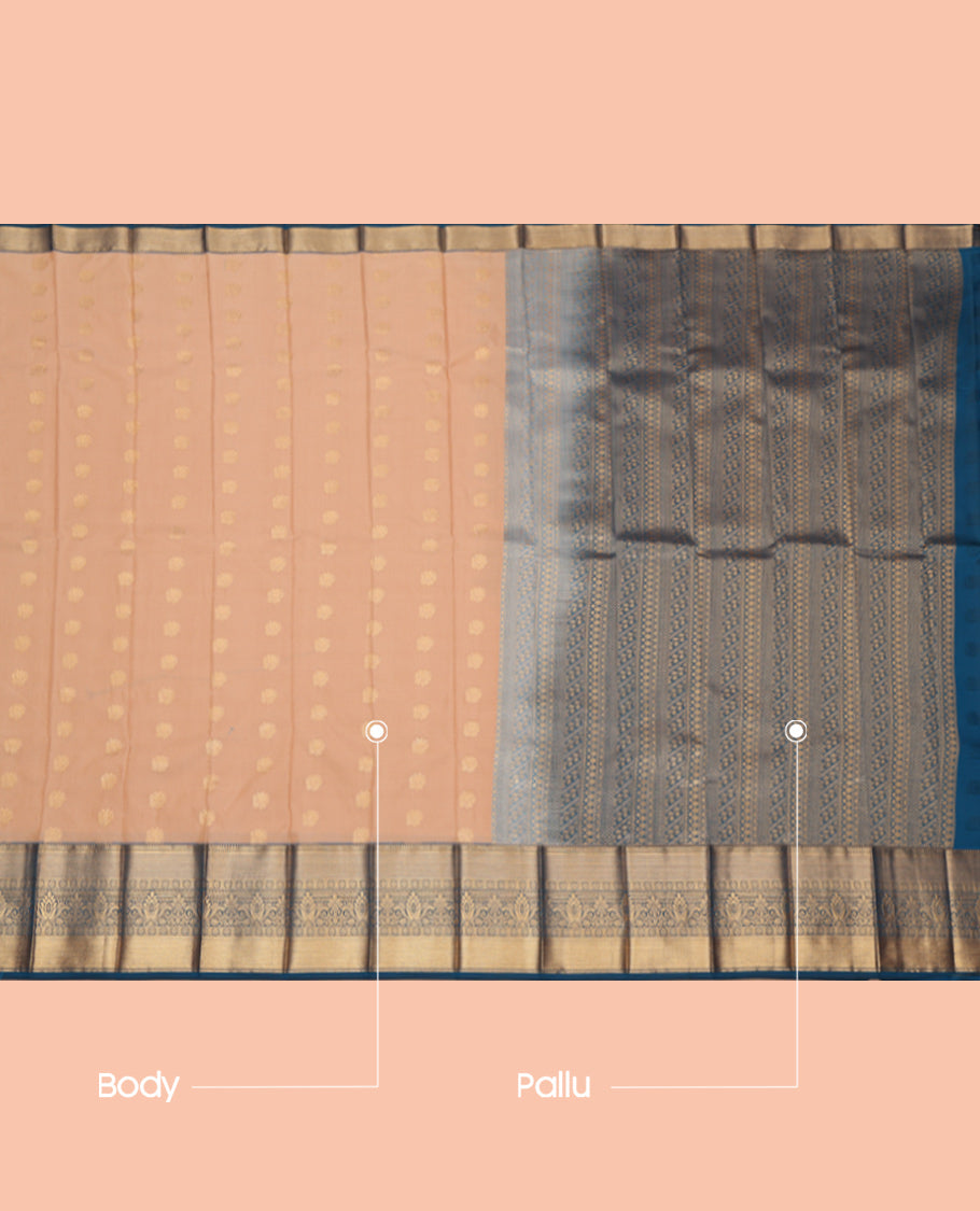 Sandal Budget Silk Saree, Sparsely Threaded with Zari Buttas, Complemented by a Contrast Traditional Zari Border, Grand Pallu, and a Contrast Blouse