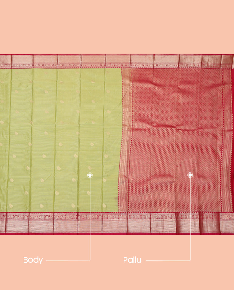 Green Budget Silk Saree, Sparsely Threaded with Zari Buttas and Checks, Complemented by a Contrast Traditional Zari Border, Grand Pallu, and a Contrast Blouse
