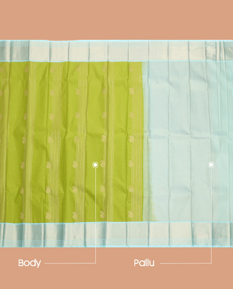 Parrot Green Budget Silk Saree, Gleamed Up with Zari Buttas, Complemented by a Contrast Traditional Zari Border, Sparsely Woven Pallu, and Contrast Blouse