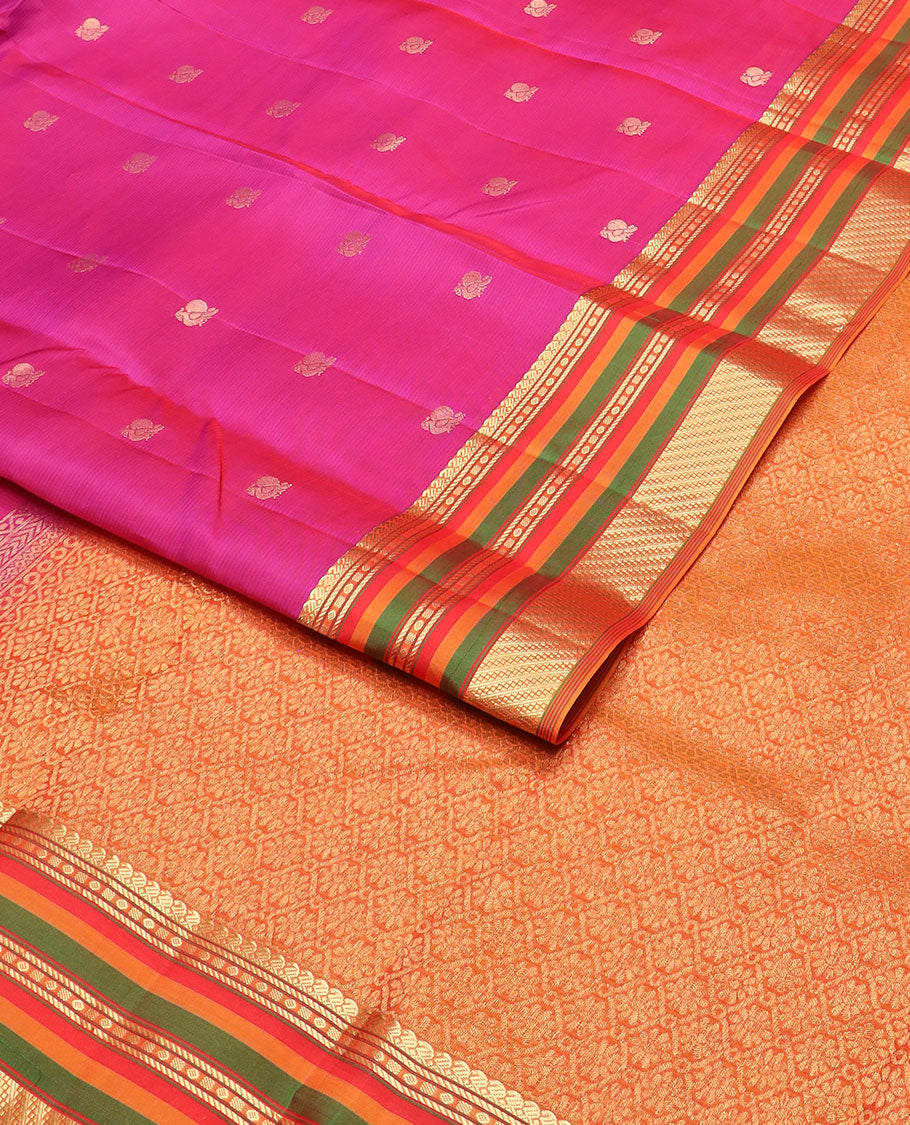 Pink striped & mayil zari buttas vasundhara silk mix saree, contrast jaal pallu & border of manga mokku,banaras & kuyil kann