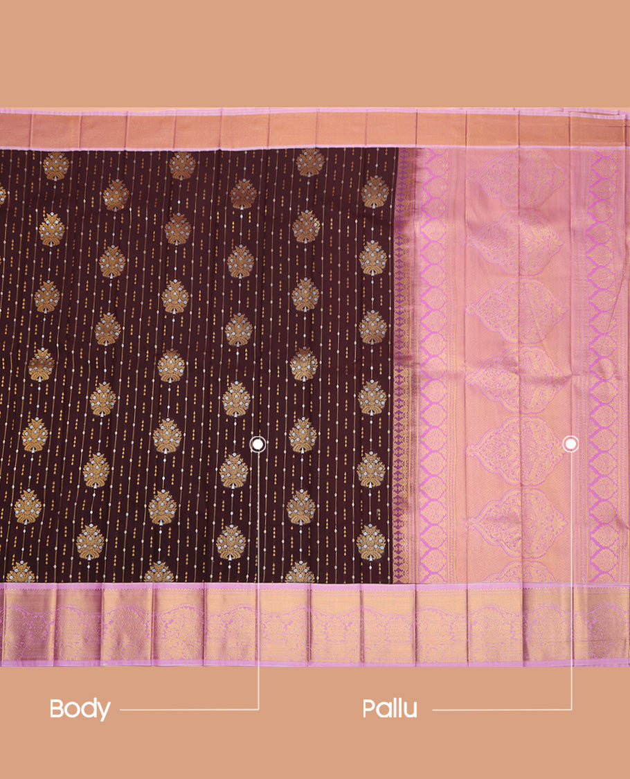 Brown Budget Silk Saree, Spotlighted with Zari Buttas All Over Its Body, Complemented by Contrast Traditional Zari Designs Woven Border, Grand Pallu and Paired with a Contrast Blouse