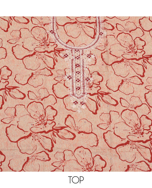 Rust Material Churidar Set, Detailed with Floral Print and Neck Work Cotton Top, Contrast Bottom, and Shibori Printed Chiffon Dupatta