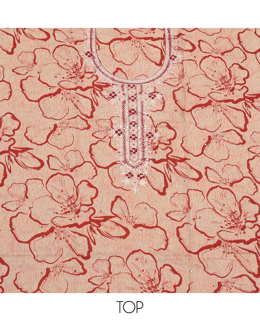 Rust Material Churidar Set, Detailed with Floral Print and Neck Work Cotton Top, Contrast Bottom, and Shibori Printed Chiffon Dupatta