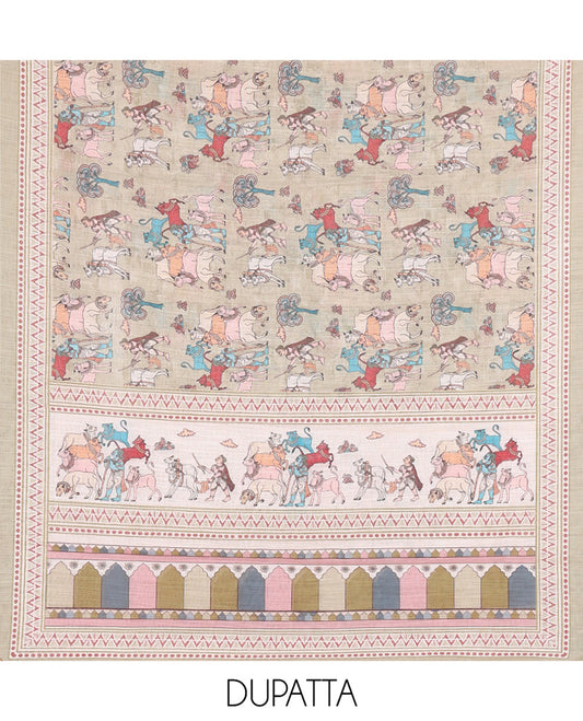 Pale Green Material Churidar Set, Sparsely Woven with Buttas and Pichwai Cow Printed Semi-Linen Top, Comes with a Contrast Plain Santoon Bottom, Santoon Dupatta of Unique Pichwai and Human Figurines Print