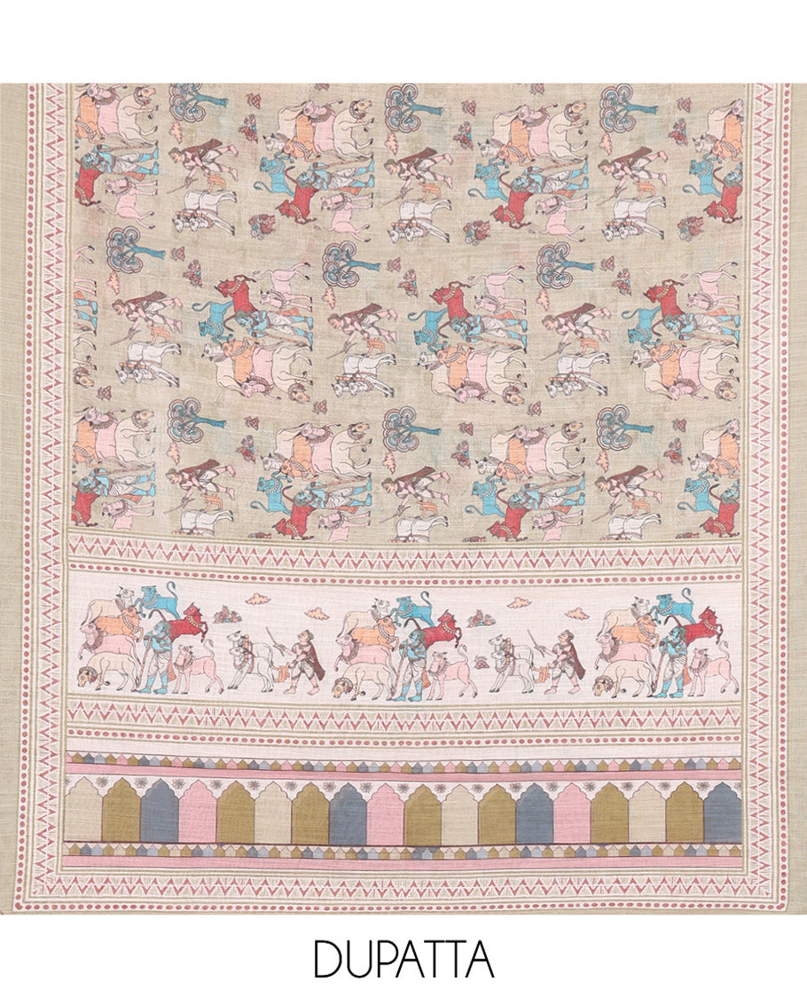 Pale Green Material Churidar Set, Sparsely Woven with Buttas and Pichwai Cow Printed Semi-Linen Top, Comes with a Contrast Plain Santoon Bottom, Santoon Dupatta of Unique Pichwai and Human Figurines Print