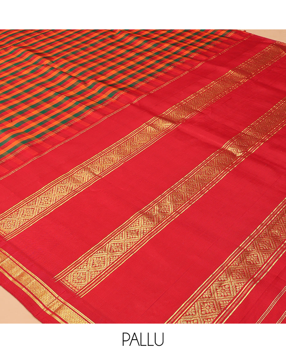 Multi-Color Palum Pazhamum Checked Kanchipuram Silk Saree, Complemented by a Contrast Korvai Border of Banaras, and Jaal Design, Zari Design Pallu, and No Blouse