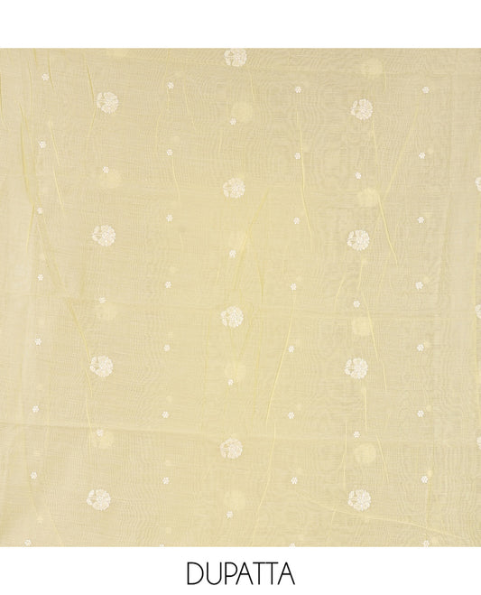 Yellow Mul Chanderi Material Chudidar, Lucknowi-Style Embroidery Top, a Santoon Bottom, Scallop Embroidered Dupatta