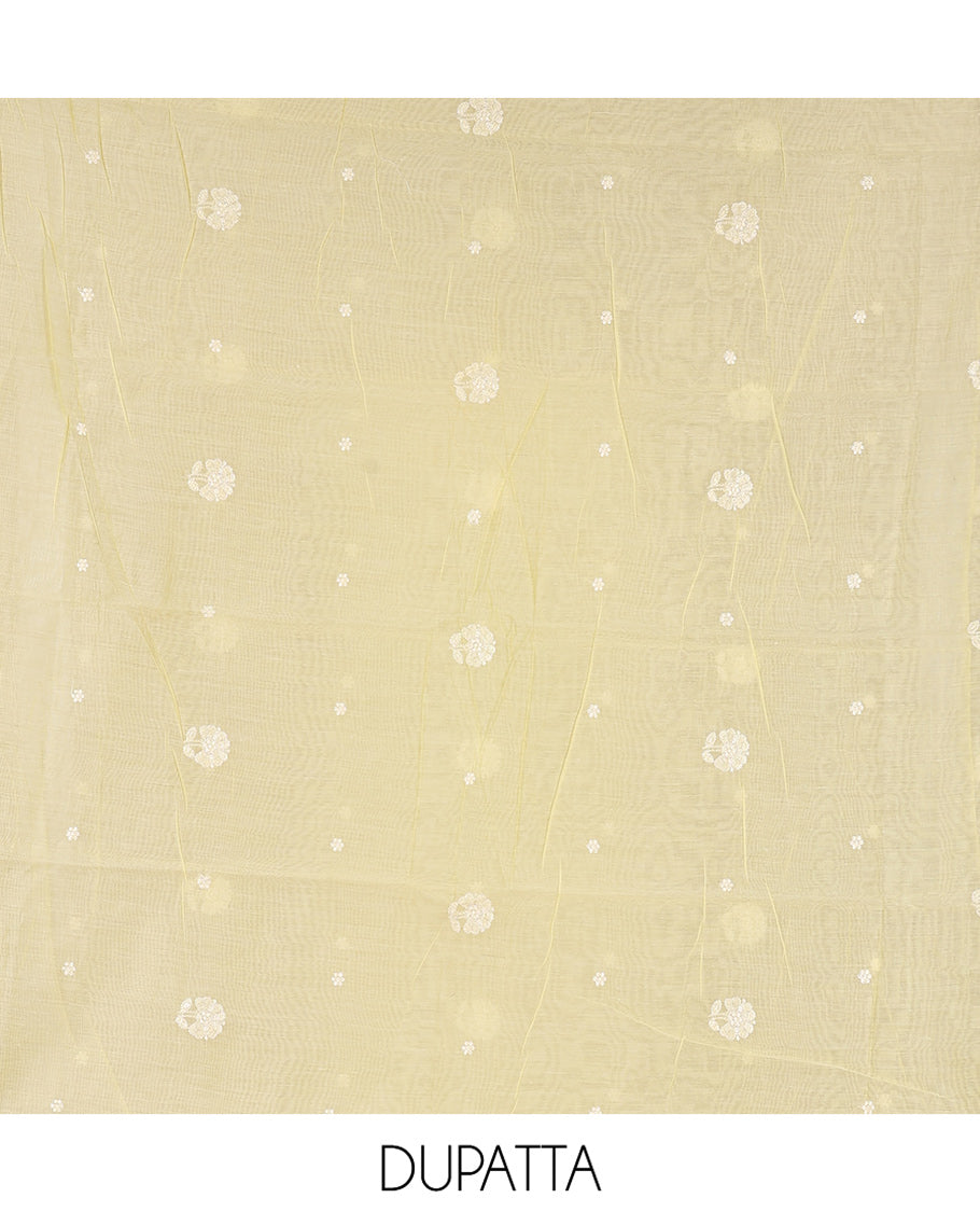 Yellow Mul Chanderi Material Chudidar, Lucknowi-Style Embroidery Top, a Santoon Bottom, Scallop Embroidered Dupatta