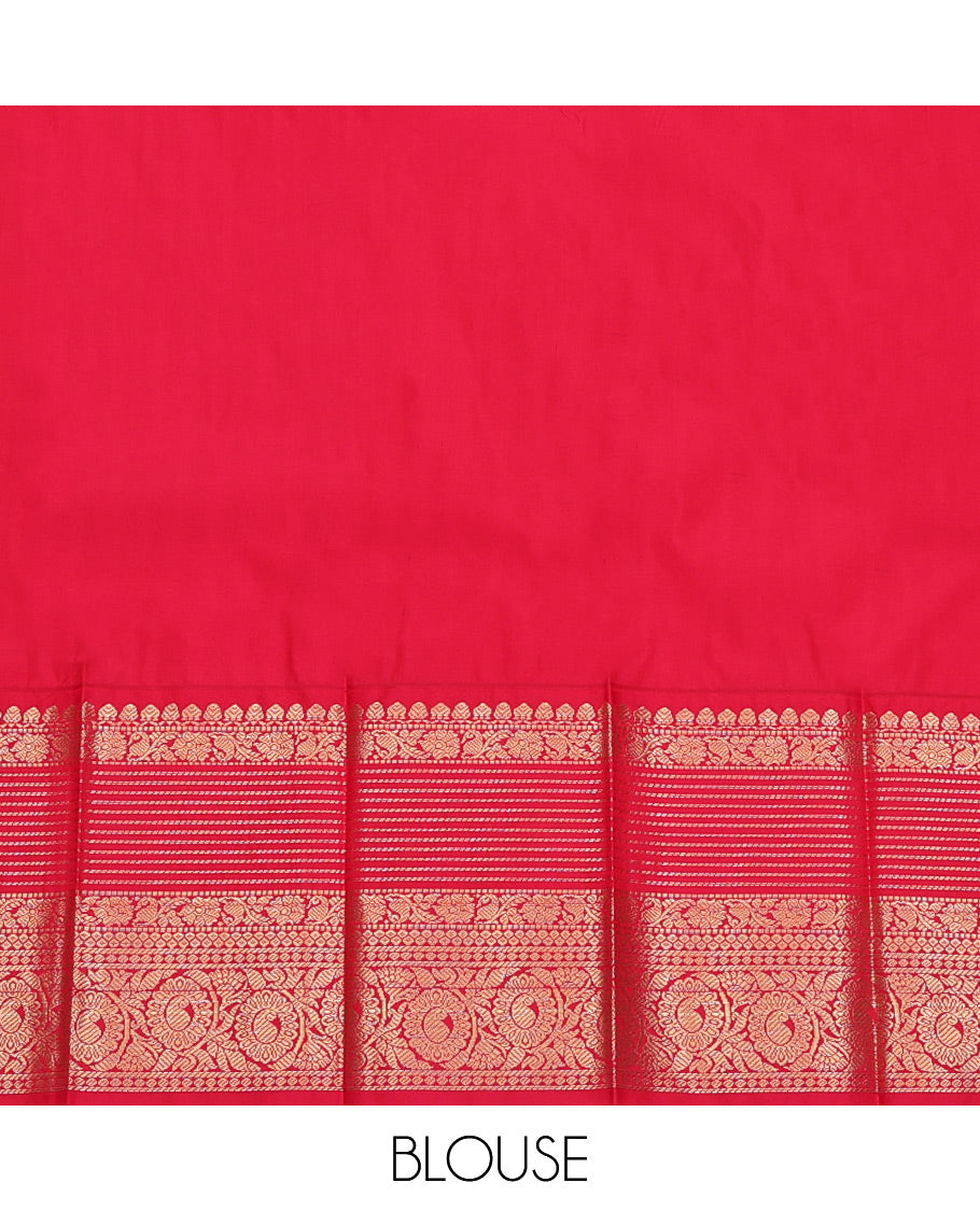 Orange Budget Silk Saree, Prettified with Zari Buttas, Complemented by a Contrast Traditional Zari Rettai Pettu Border, Jaal Pallu, and Contrast Blouse
