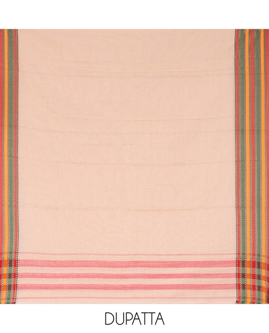 Kerala Cream Mercerised Cotton Material Churidar Set, Featuring Plain and Traditional Motifs Woven Top, Comes with a Plain Mercerised Cotton Bottom, and Is Paired with a Mercerised Cotton Traditional Motifs Woven Dupatta