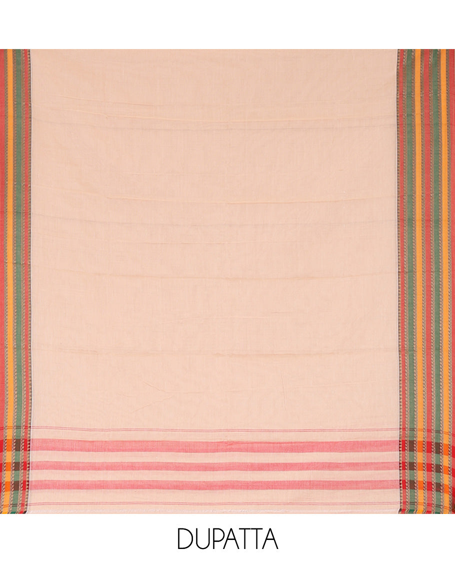 Kerala Cream Mercerised Cotton Material Churidar Set, Featuring Plain and Traditional Motifs Woven Top, Comes with a Plain Mercerised Cotton Bottom, and Is Paired with a Mercerised Cotton Traditional Motifs Woven Dupatta