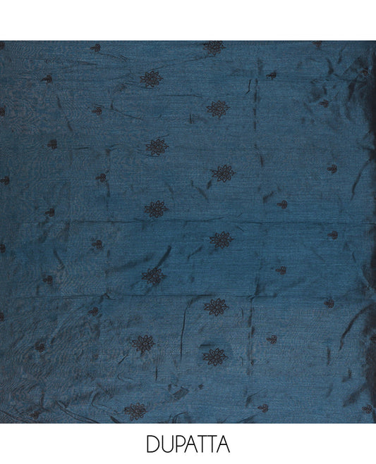 Peacock Blue Vichitra Silk Material Chudidar Set Featuring Sequins-Thread-Embroidered Top, a Santoon Bottom, and a Matching Scallop-Embroidery Dupatta