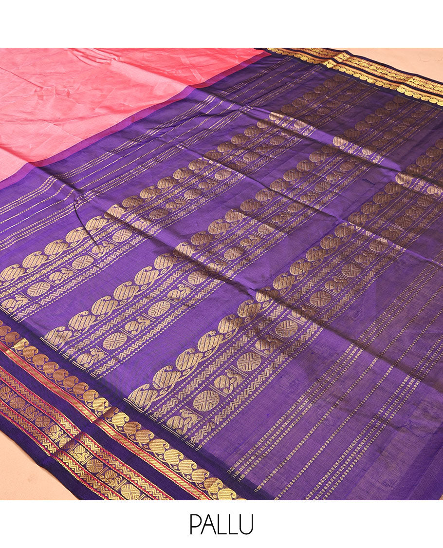 Pink Plain Kuppadam Silk Saree, a Contrast Traditional Zari Border, Grand Pallu, a Contrast Blouse
